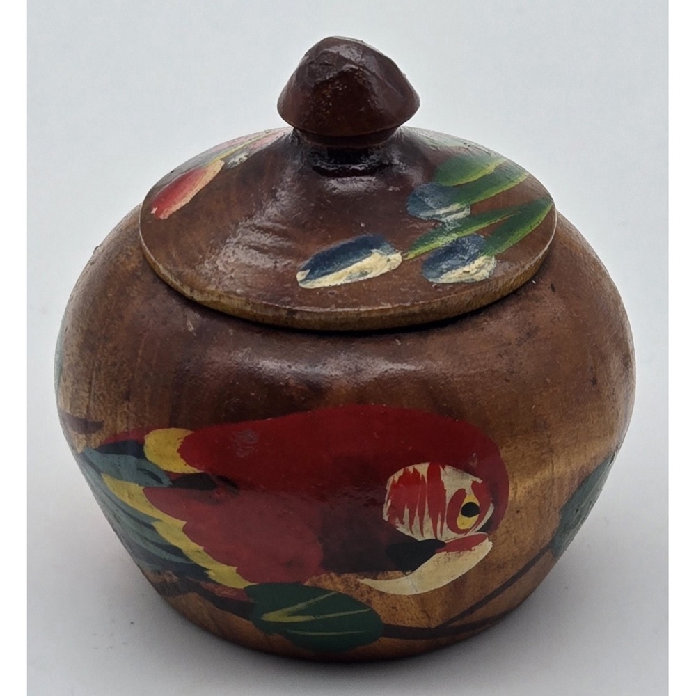 Hand Carved Wooden Trinket Jar Parrot Painted Colorful Lid Tropical Island Decor